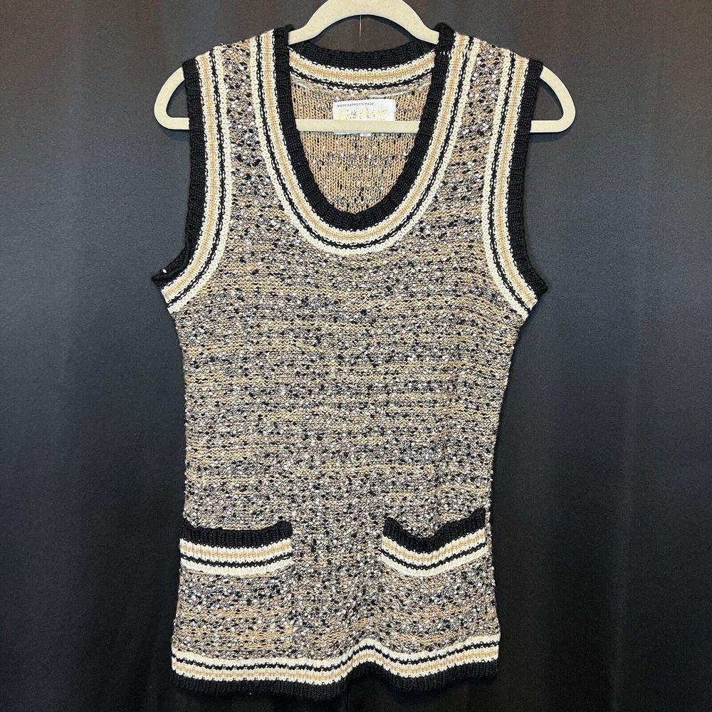 VTG Womens Bouclè Sweater Vest Camel Brown, Black &Cream Colt Orient Corp SZ 12